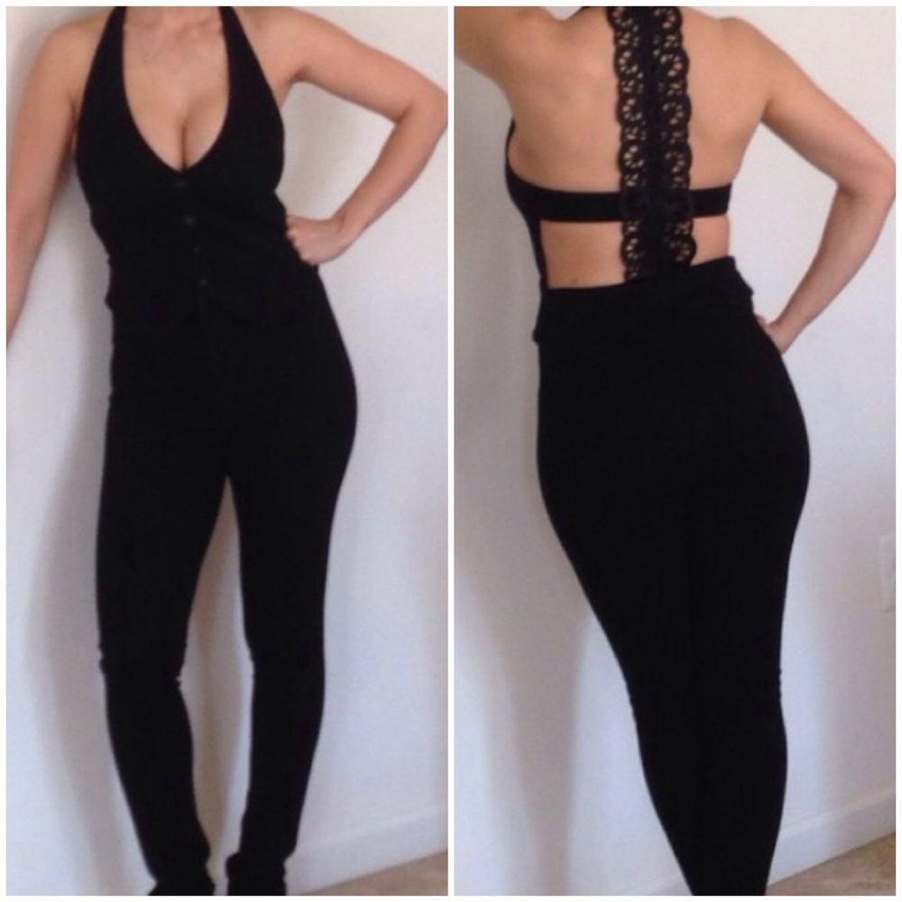 Bebe Black Lace Halter Jumpsuit